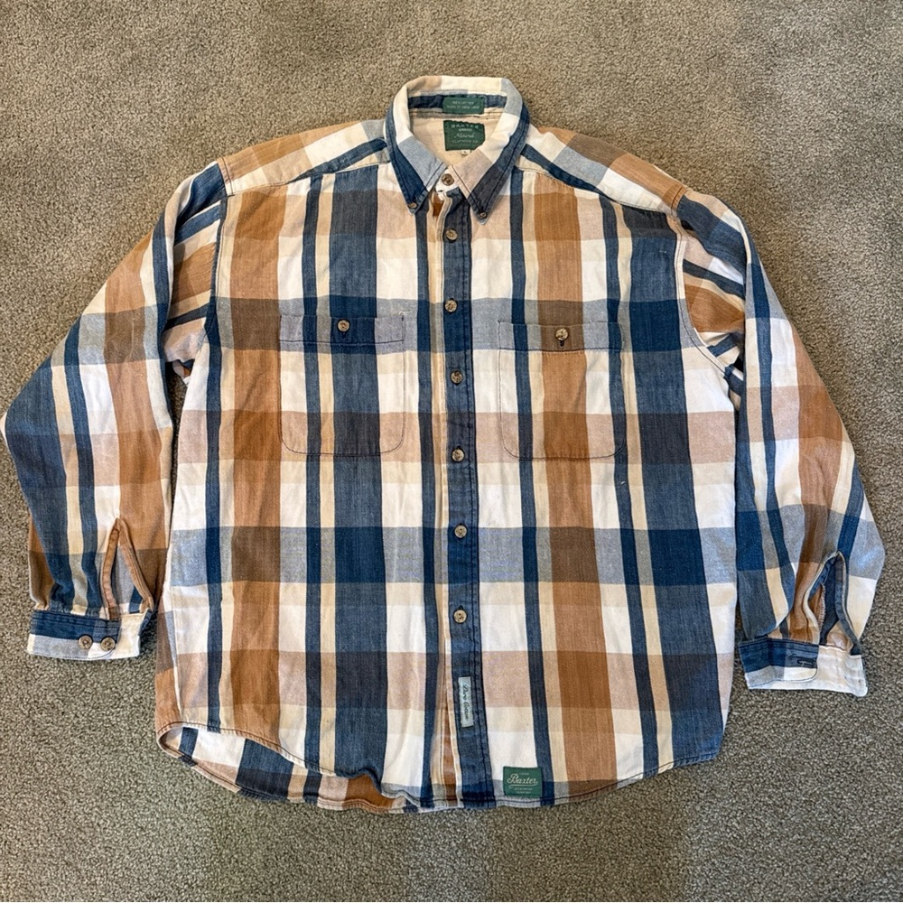 Baxter Natural Clothing Co Flannel Shirt Blue Tan Plaid Pure Cotton Mens Large